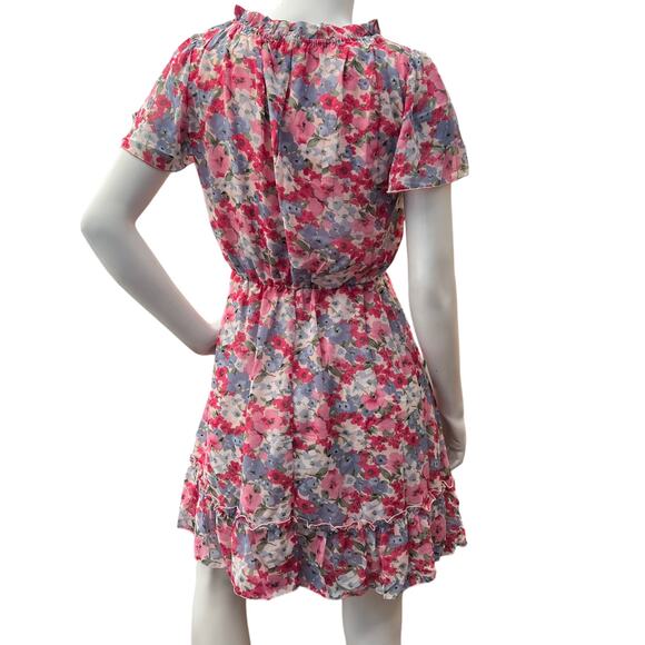 Women Floral Round Neck Short Sleeve Chiffon Elastic Waist Swing Midi Dress S - Picture 3 of 8